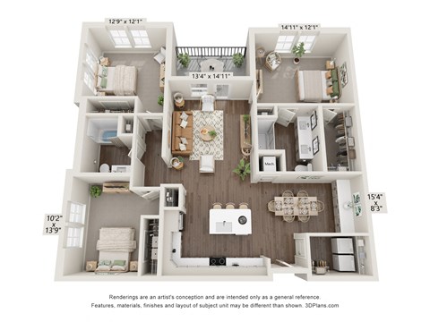 Floor plan for 3 beds, 2 baths, 1429 sqft